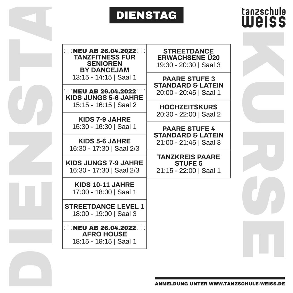 Tanzschule Weiss Offenbach Tagesbelegung Dienstag